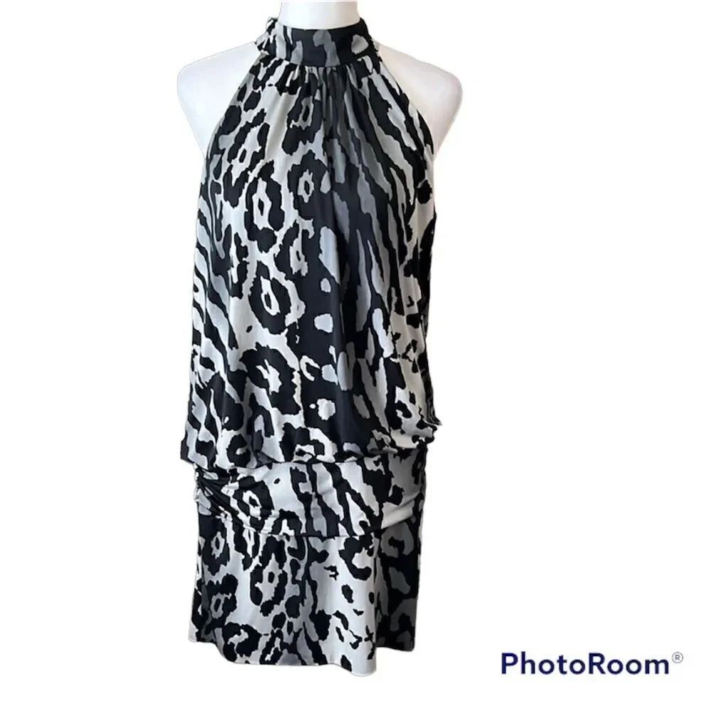 Fredericks of Hollywood szM black grey leopard print mini dress keyhole back EUC